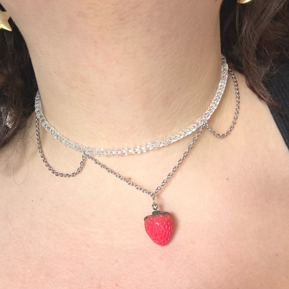 Glass beaded necklace with chain and strawberry charm! Cottage core inspired